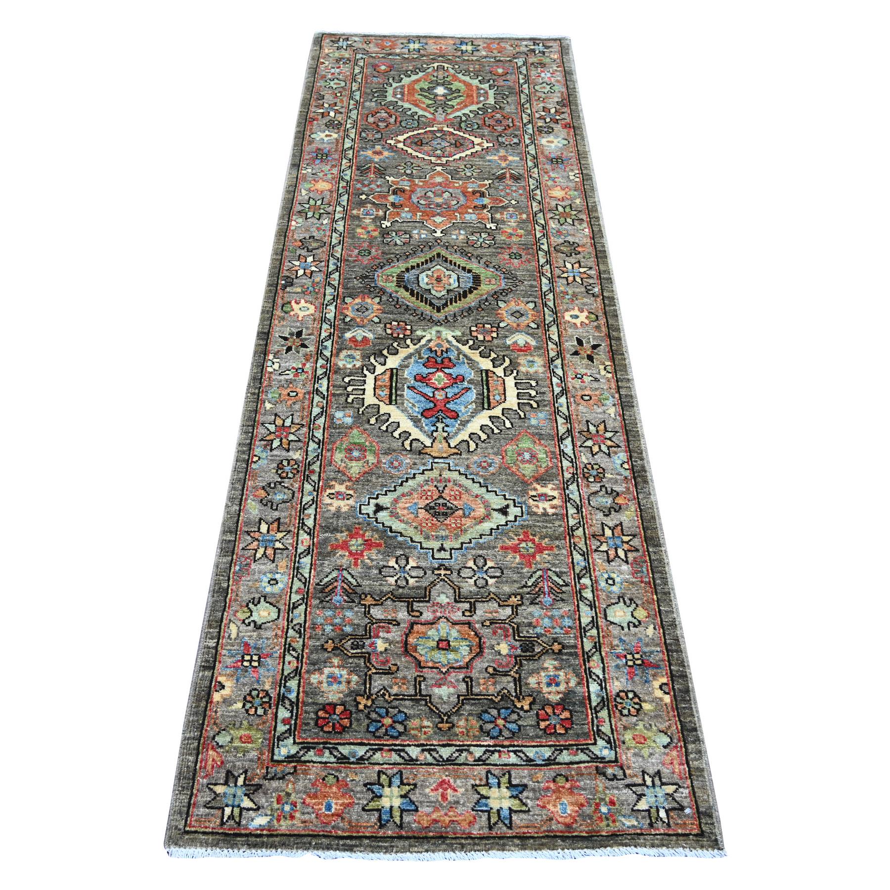 2'8"x8' Sonic Gray, Aryana Collection, Peshawar with Karajeh Design, Vegetable Dyes, High Mountain Wool, Hand Knotted, Runner, Oriental Rug 
